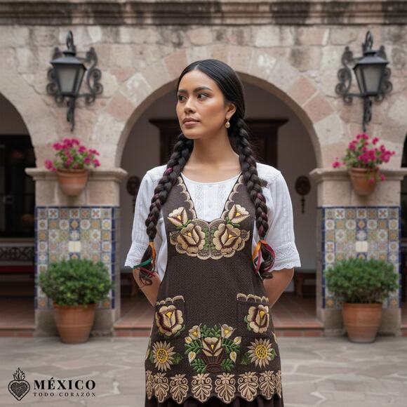 Brown Mexican Embroidered Apron – Premium Cotton Blend Apron with Beige Floral - Picture 2 of 9